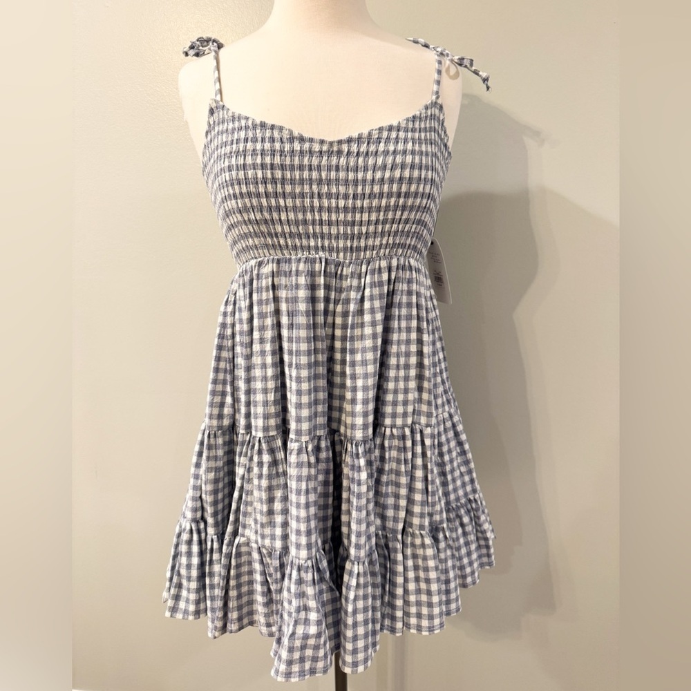 MABLE blue white gingham midi dress size medium NWT